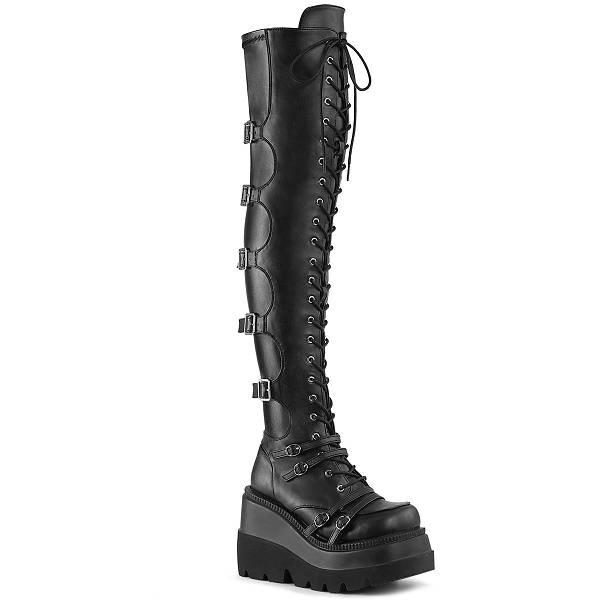 Demonia Women's Shaker-350 Platform Thigh High Boots - Black Vegan Leather/Stretch D3296-85US Clearance